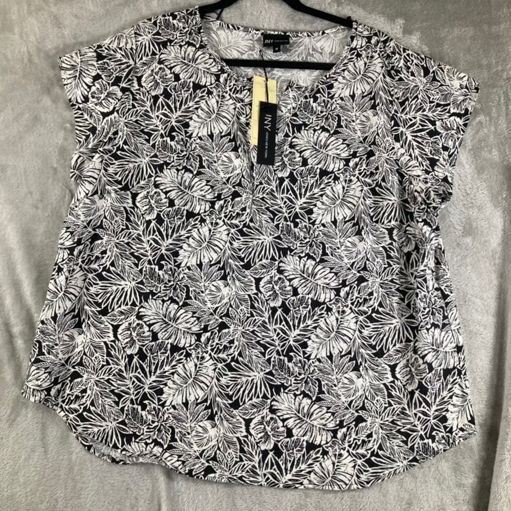 Jones New York JNY Womens 1X Top Black White Tropical Leaf Linen Blend NWT